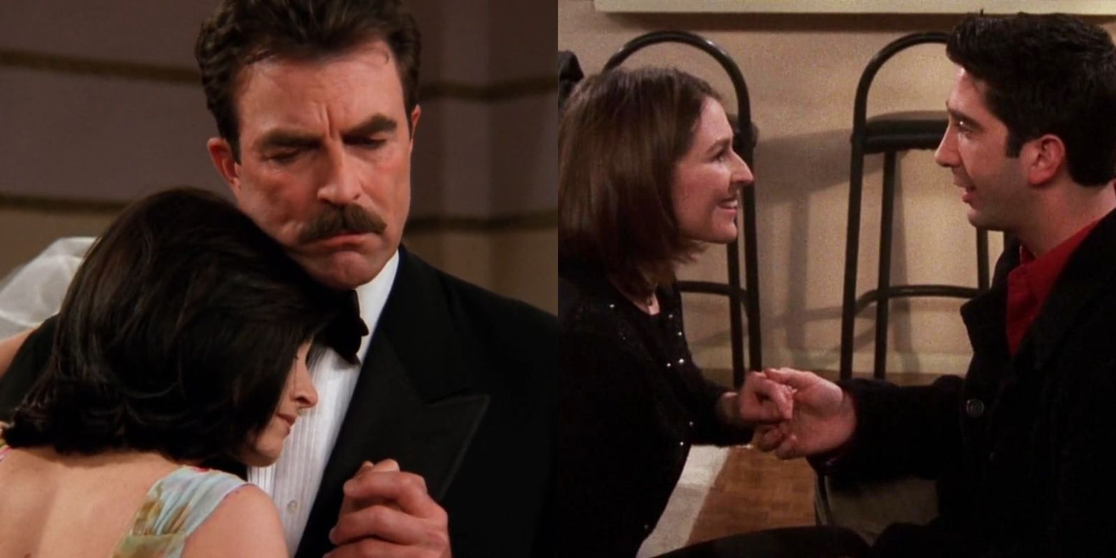 Two side by side images from Friends with Monica and Richard hugging and Ross and Emily holding hands.