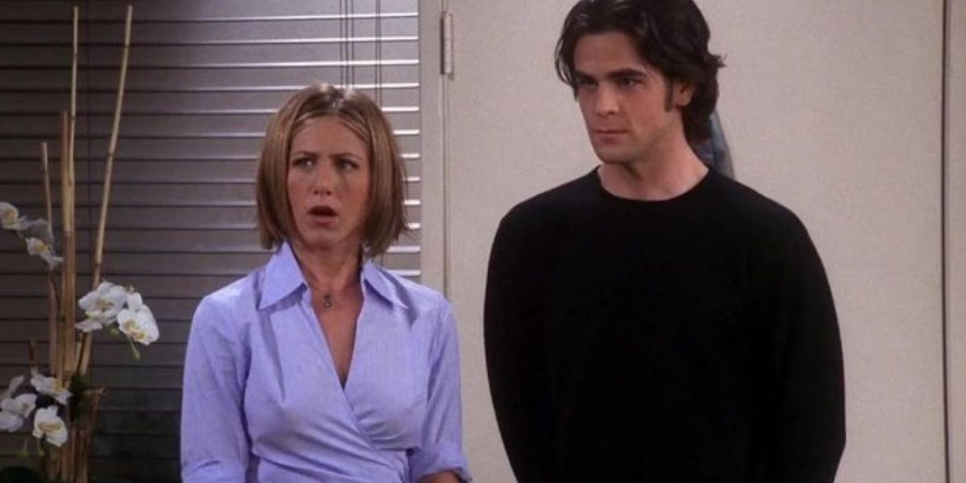 Rachel and Tag looking embarrassed in Friends