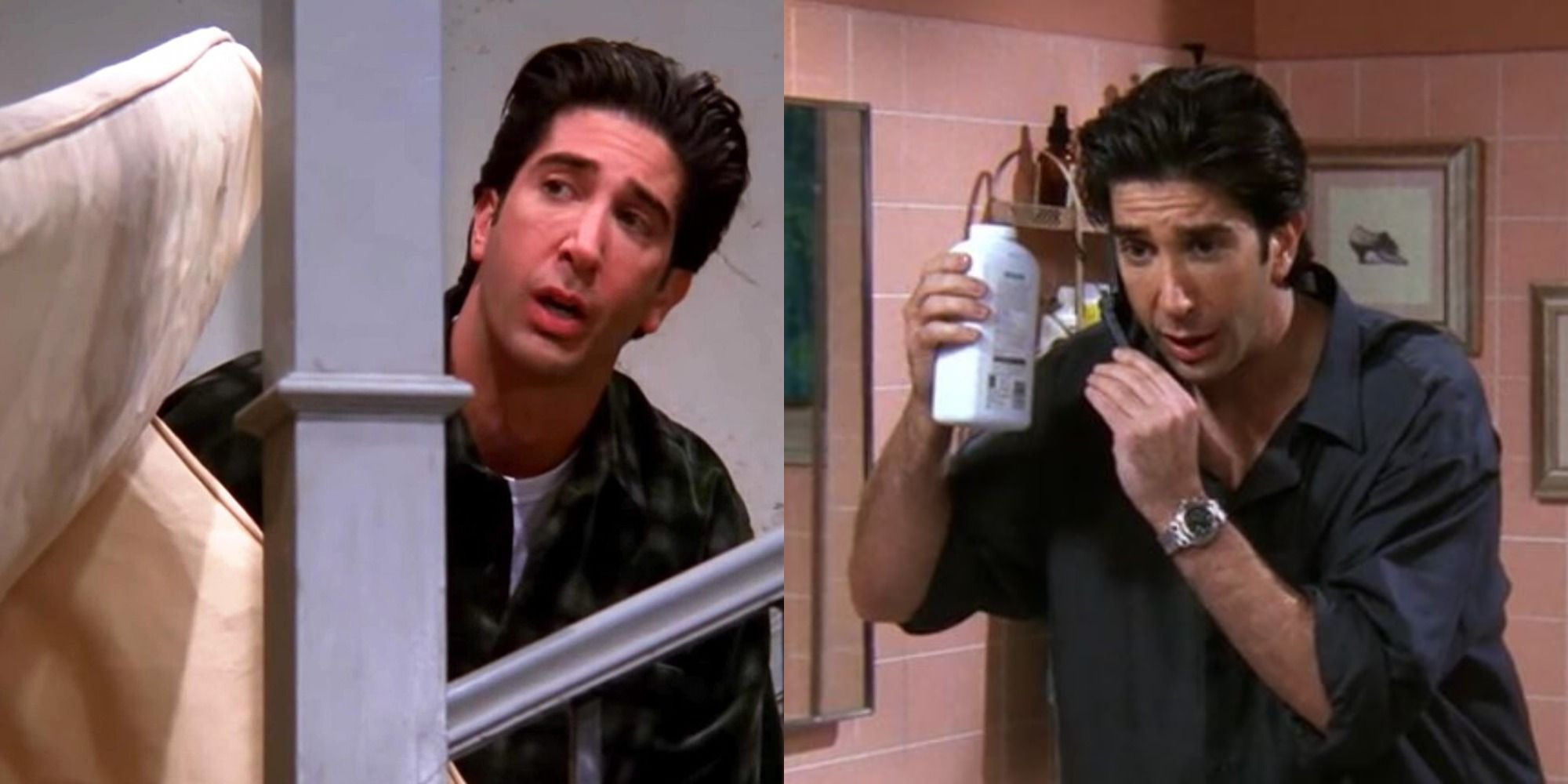 Split image showing Ross in the Pivot scene and locked in the bathroom because of his leather pants