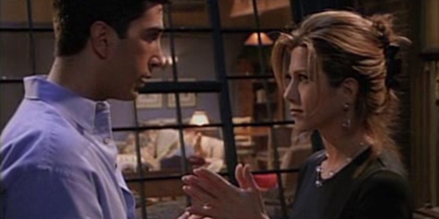 Ross talking to Rachel outside on the fire escape on Friends