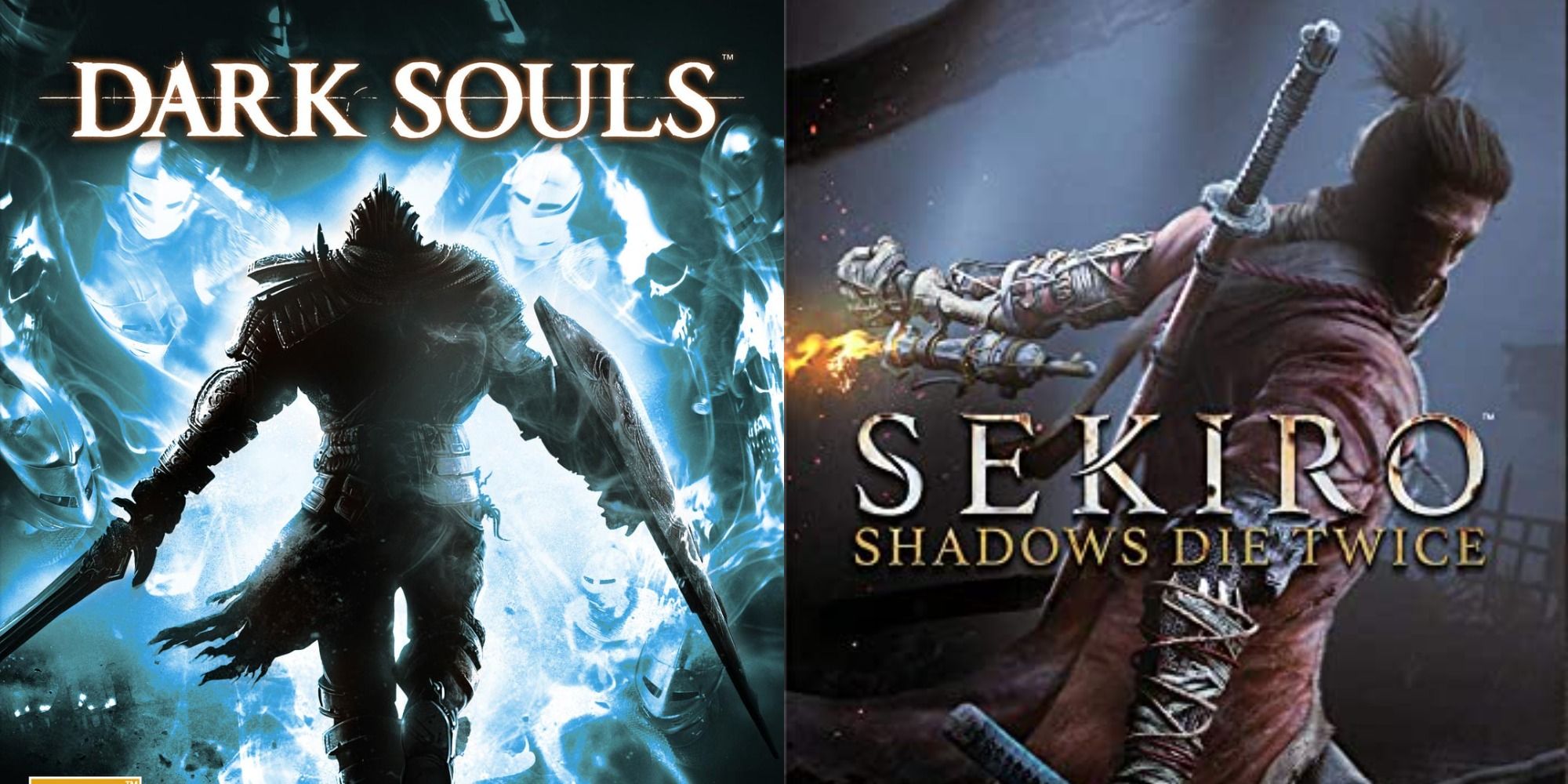 Split image showing the covers of Dark Souls and Sekiro Shadows Dies Twice