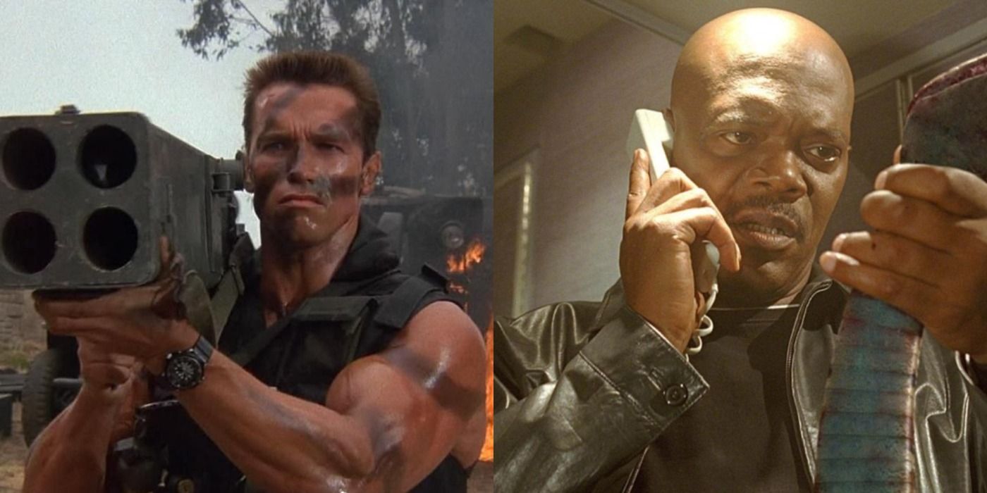 Split image of Arnold Schwarzenegger in Commando and Samuel L Jackson in Snakes on a Plane