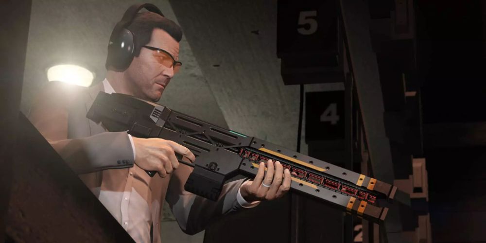 Player fires railgun at the shooting range in Grand Theft Auto V