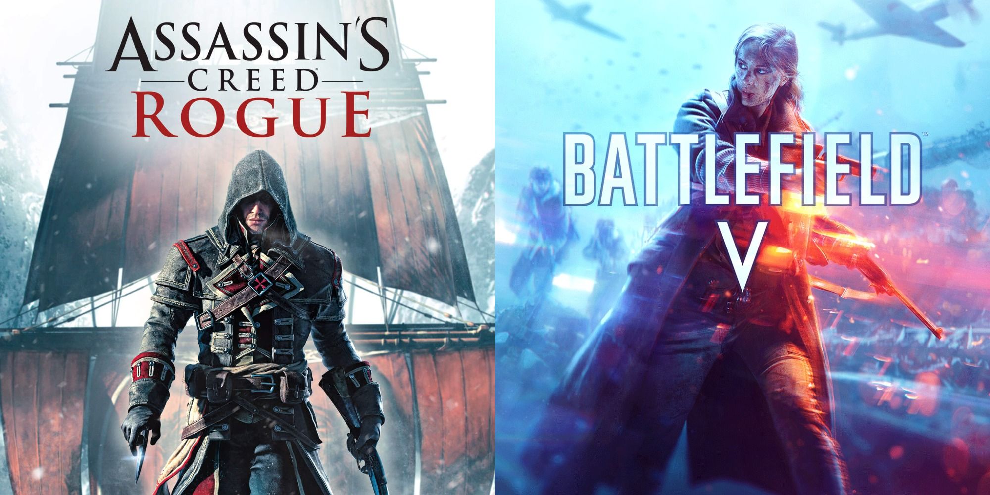 Split image of Assassin's Creed Rogue and Battlefield V