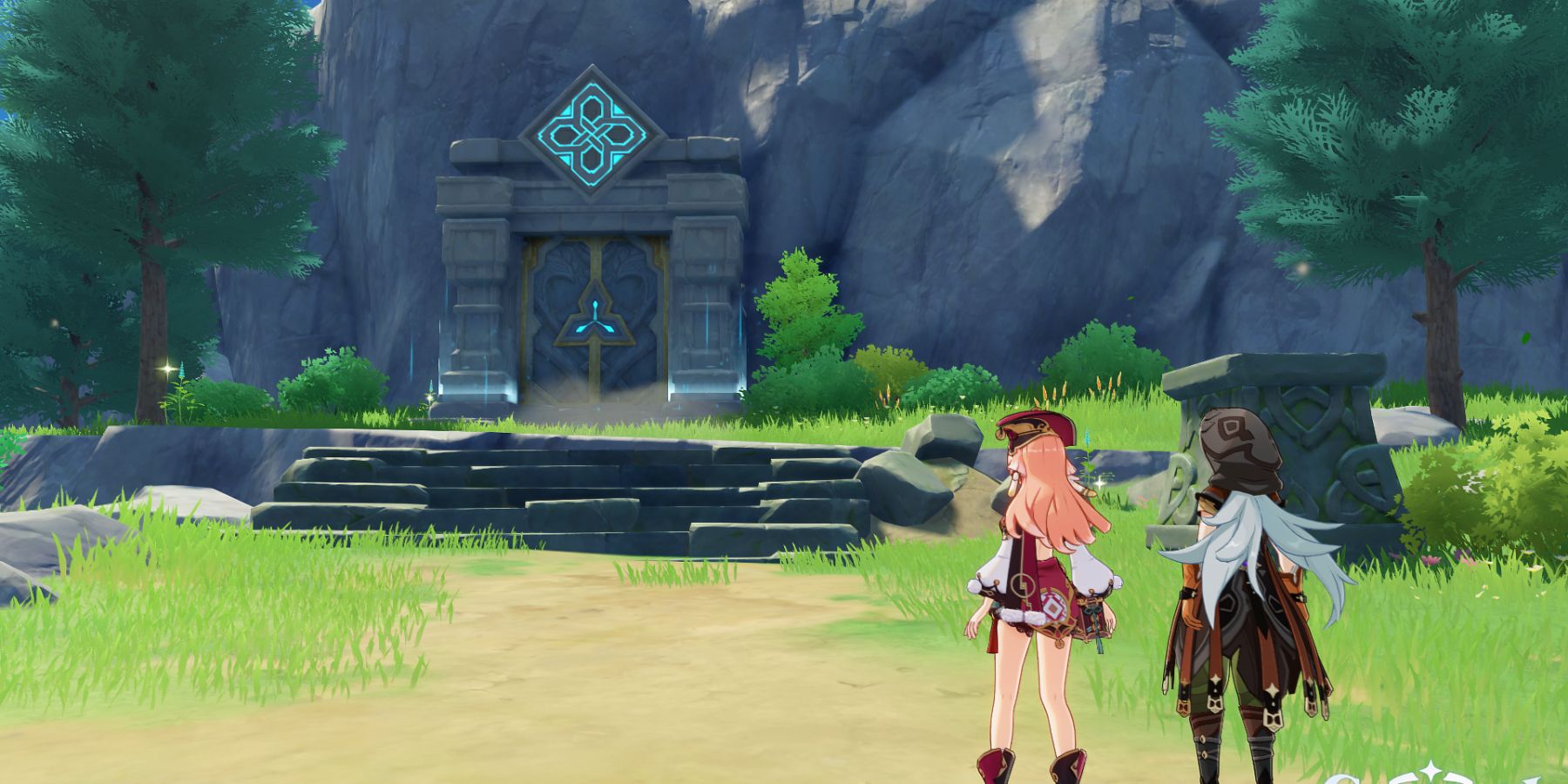 Yanfei &amp; Razor are standing in front of the Elemental Trial door in Genshin Impact