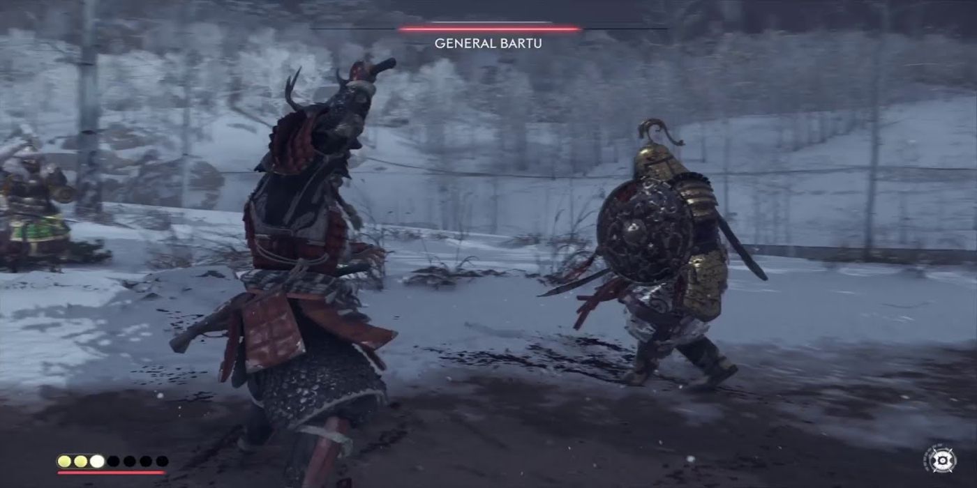Jin fighting General Bartu in Ghost of Tsushima.