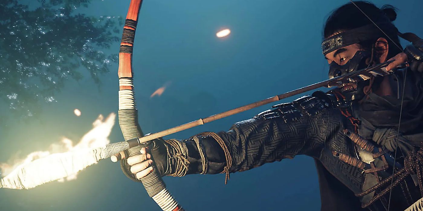 Jin holding a bow with a flaming arrow in Ghost of Tsushima.