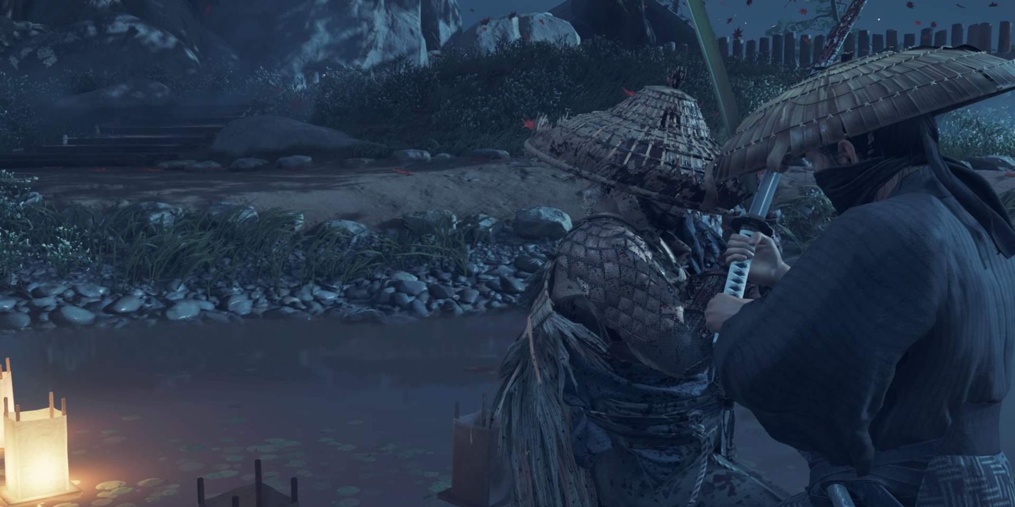 Screenshot from the Ryuzo boss fight in the Ghost of Tsushima video game.