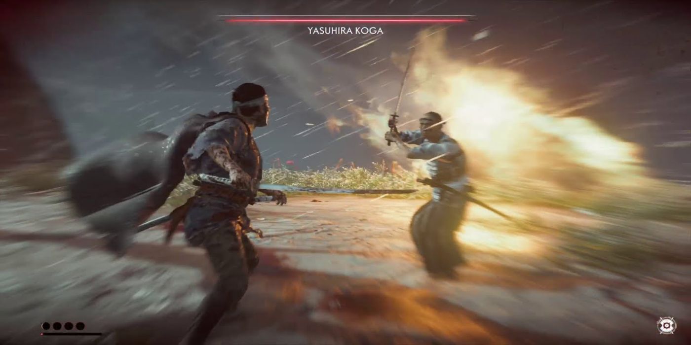 The Yashuhira Koga boss encounter in the Ghost of Tsushima video game.