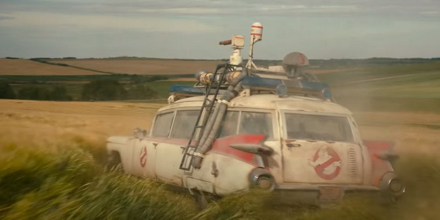 Trevor takes Ecto-1 out for a spin in a remote field in Ghostbusters: Afterlife