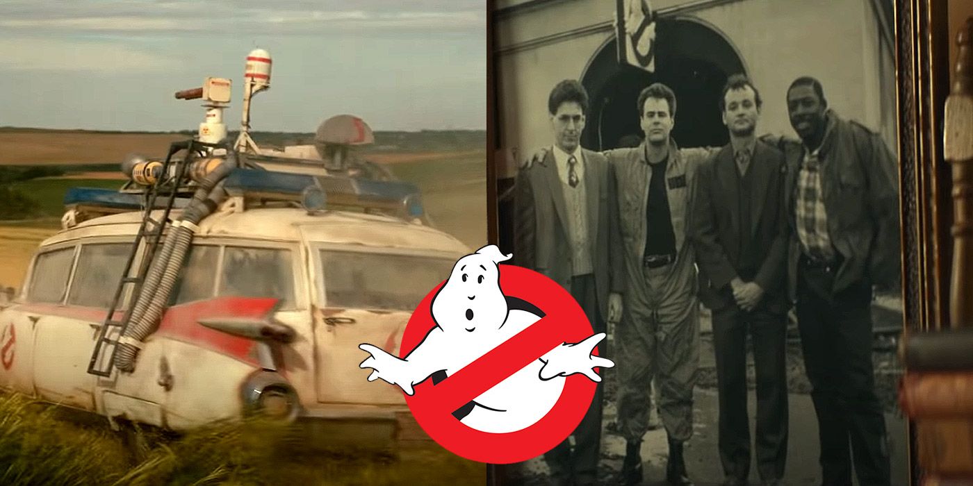 Split image of Ecto-1 and the Ghostbusters in a picture in Ghostbusters: Afterlife