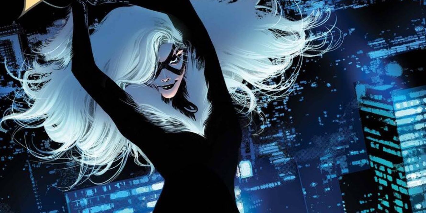 Black Cat swinging from a rope in a Marvel comic book.