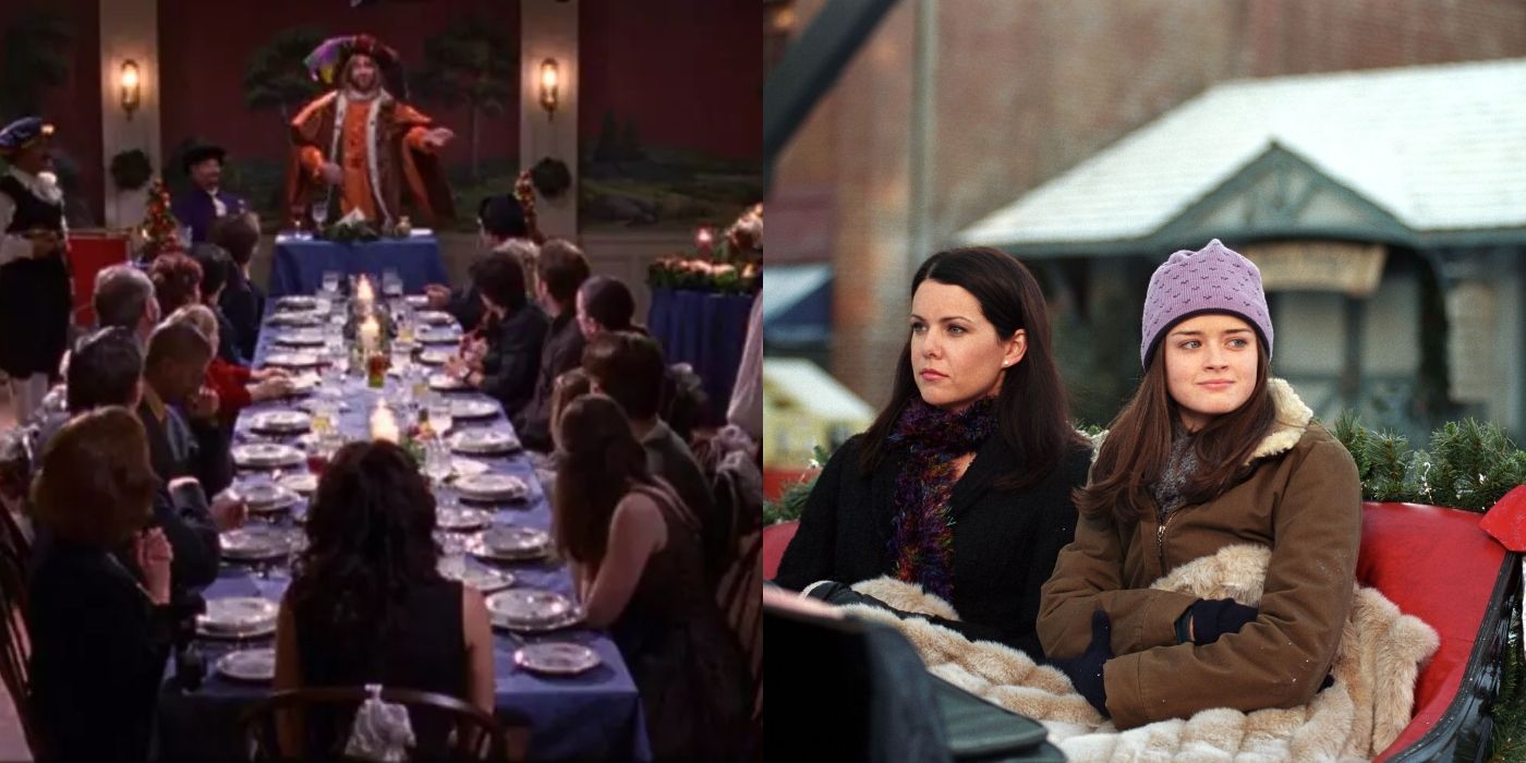 Split image of the Bracebridge dinner and Lorelai and Rory on Gilmore Girls