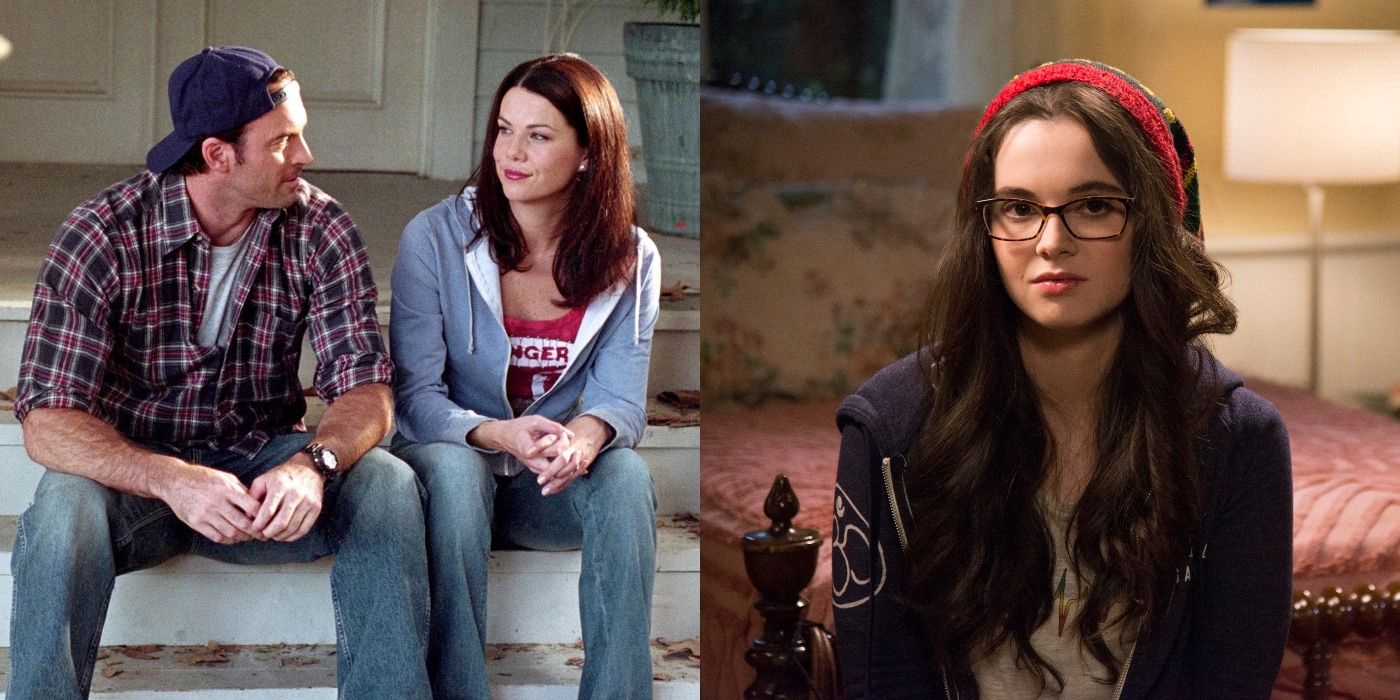 Split featured image of Luke and Lorelai sitting on a front porch and April sitting on a bed on Gilmore Girls