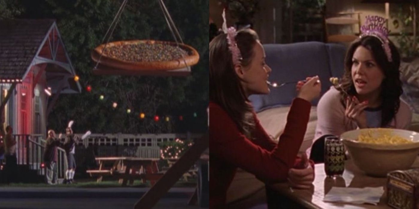 Big pizza being lowered onto the street and Rory and Lorelai celebrating Lorelai's birthday on Gilmore Girls