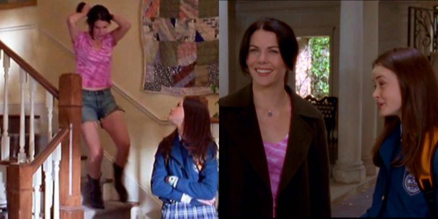 Split image of Lorelai coming down stairs and Lorelai and Rory at Chilton on GIlmore Girls