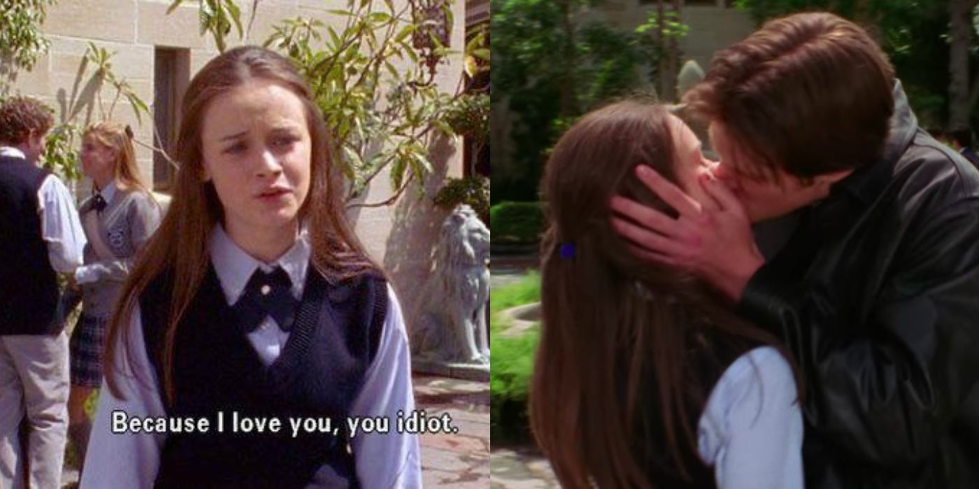 Split image of Rory telling Dean she loves him and Rory and Dean kissing in Gilmore Girls