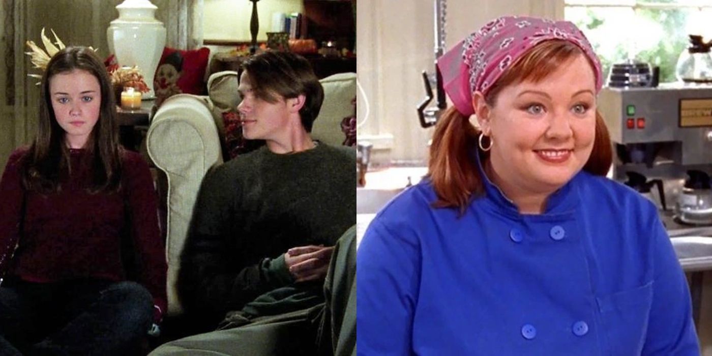 Split image of Rory and Dean on movie night and Sookie smiling on Gilmore Girls