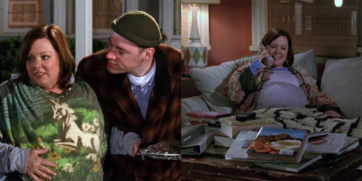 Split image of a pregnant Sookie with Jackson and on the phone on Gilmore Girls