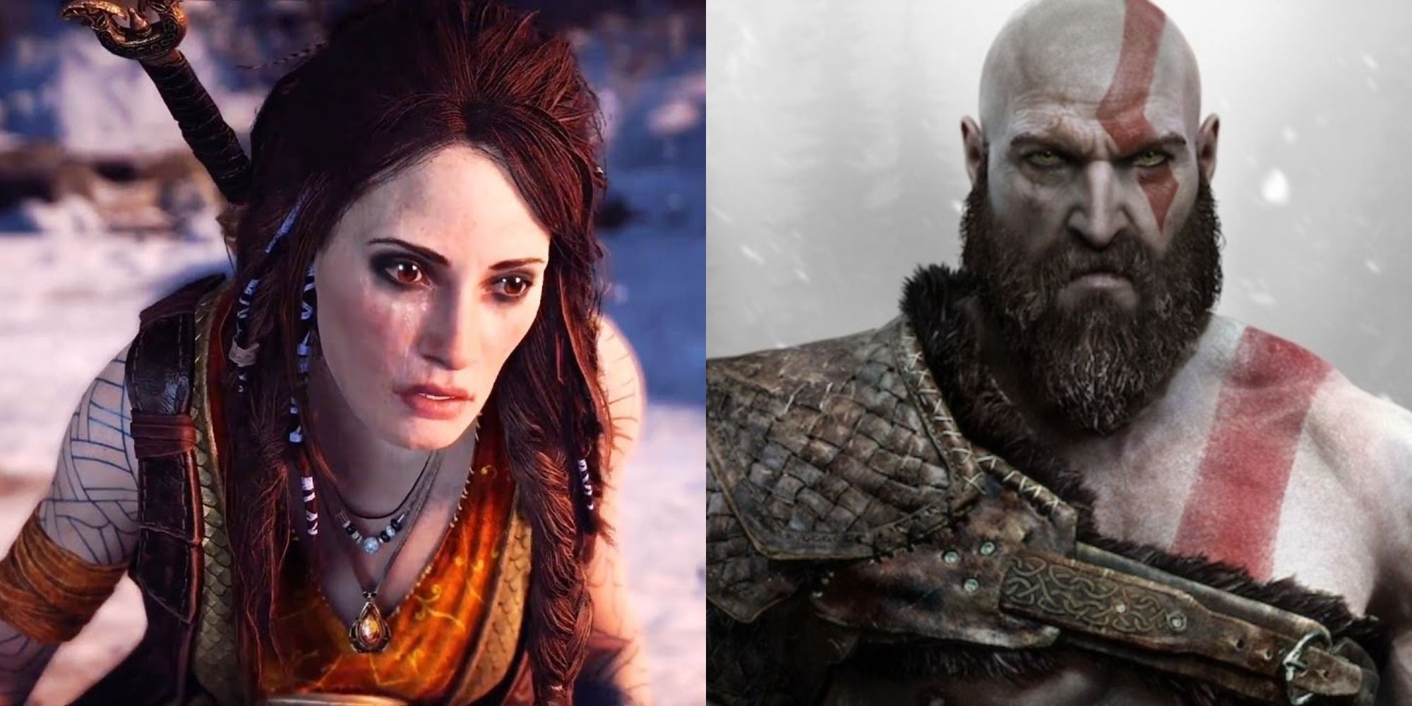 Split image showing Freya and Kratos in God of War.