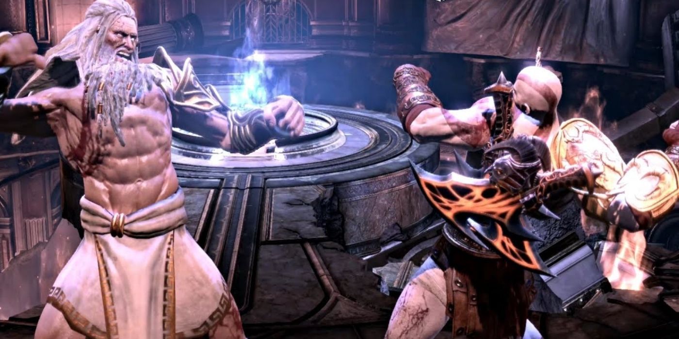 Zeus luta com Kratos em sua sala do trono destruída em God of War 2.