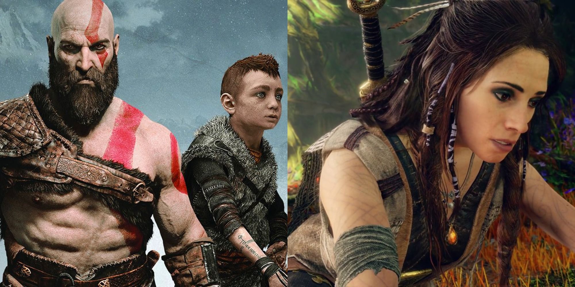 Split image showing Kratos and Atreus and Freya in God of War.