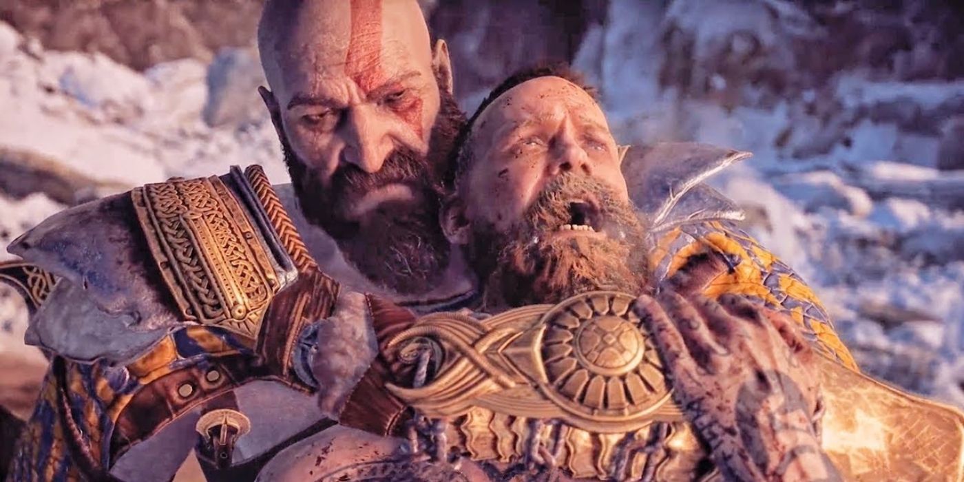 An image of Kratos snapping Bladur's neck in 2018's God of War.