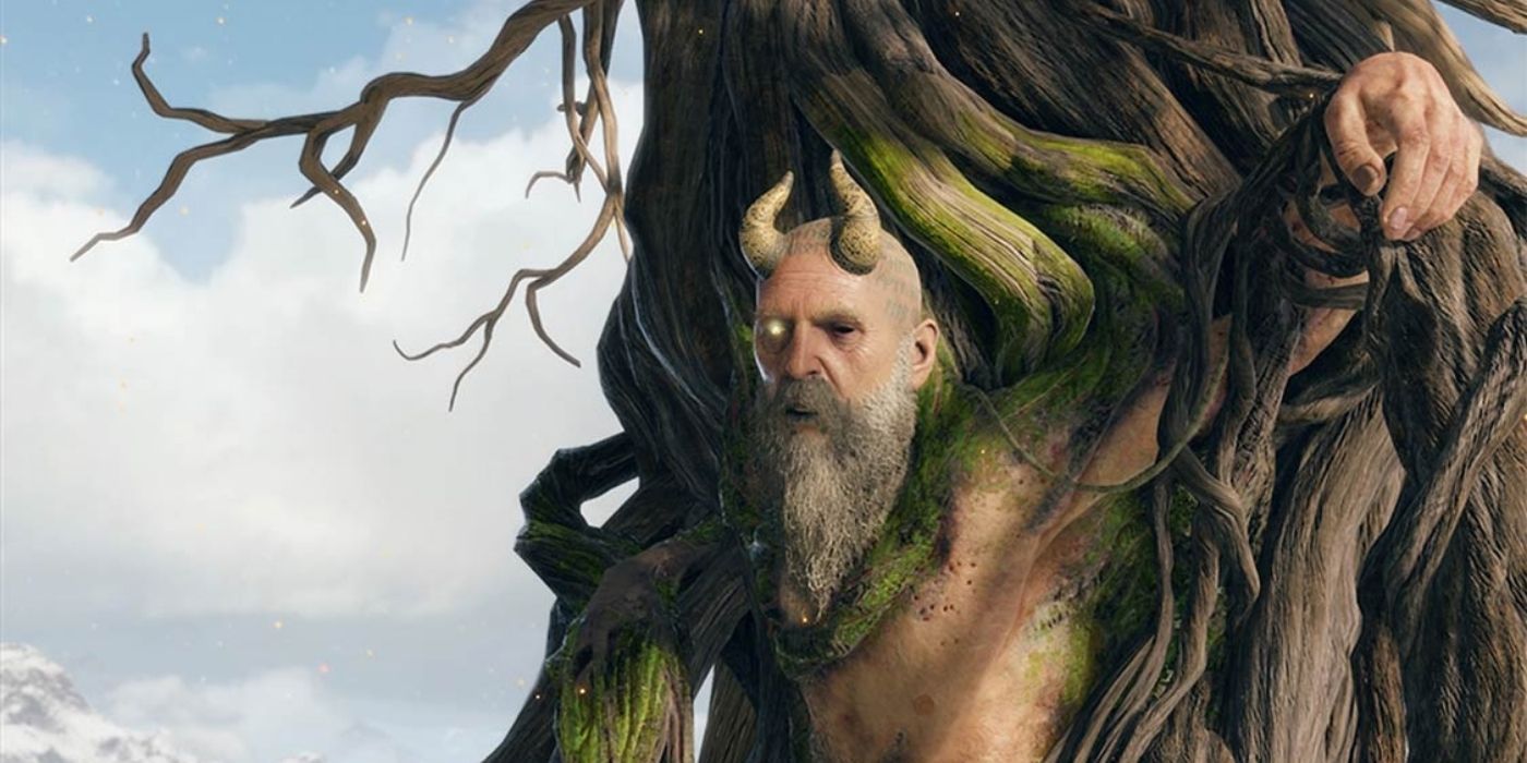 The god Mimir is trapped in a tree trunk in 2018's God of War video game.