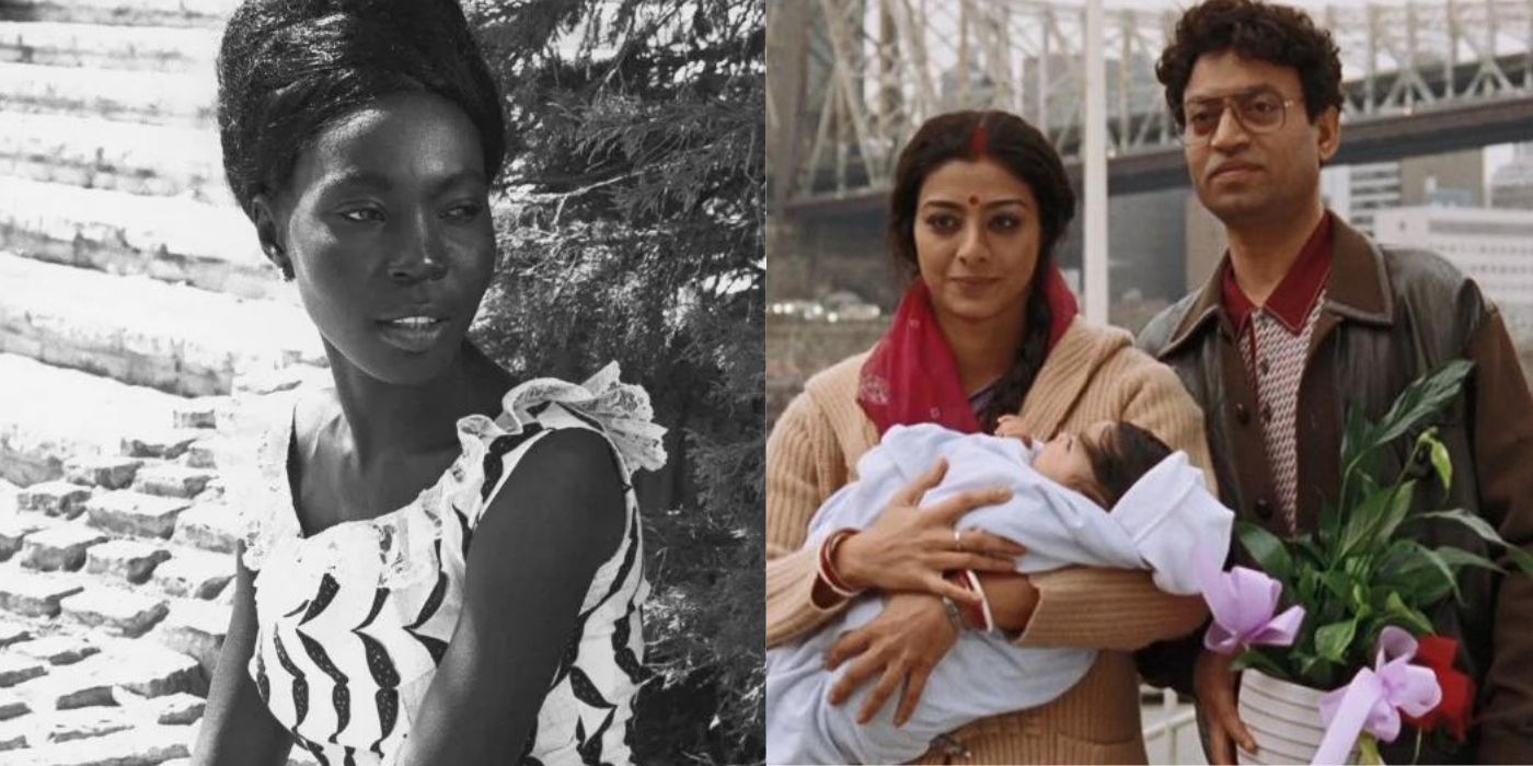 Split image of Gomis Diouana looking sideways in a still from Black Girl and Irrfan and Tabu holding a baby in The Namesake