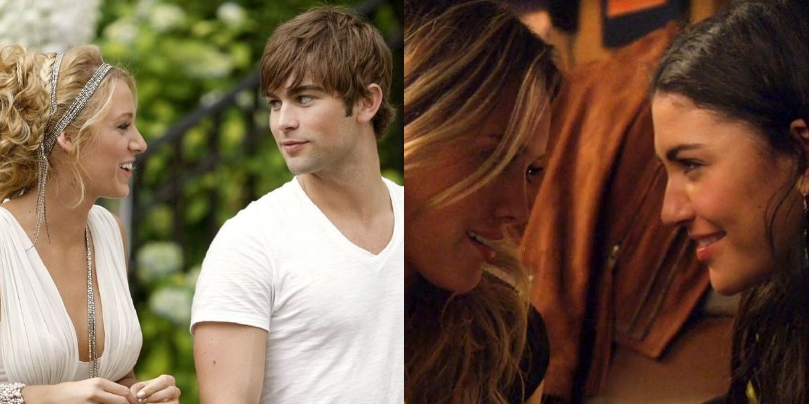 Split image of Serena and Nate outside and Olivia and Vanessa having an intimate gaze in Gossip Girl