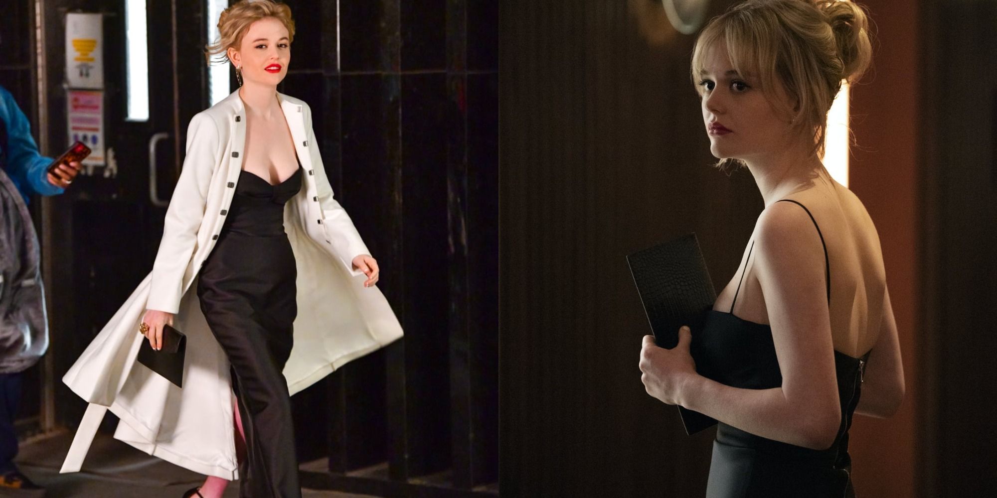 Two images of Audrey walking out of a building, and Audrey looking over her shoulder in Gossip Girl.