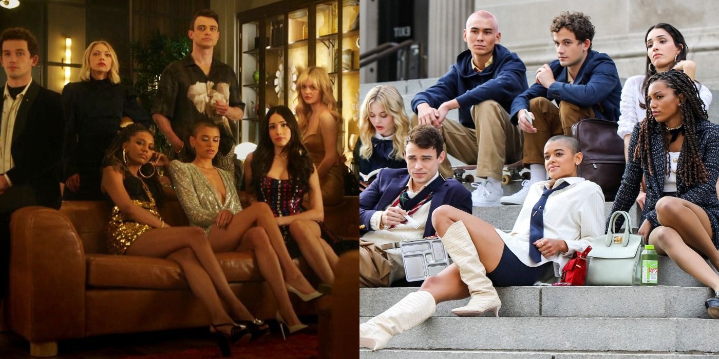 Gossip Girl reboot cast sitting on the stairs at the met and in a bar.