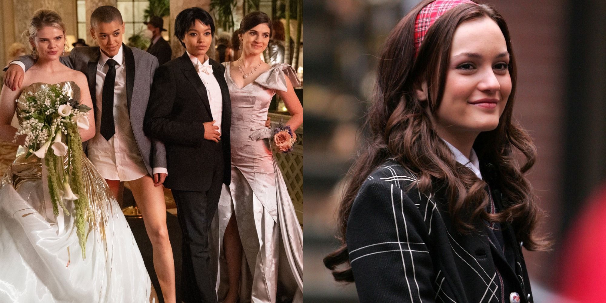 Split image showing the characters of the GG reboot in costume and Blair Waldorf smiling