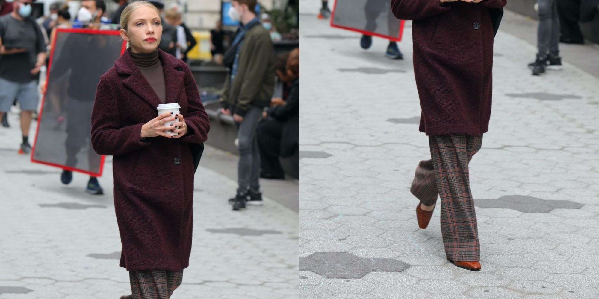 Kate Keller walks with a coffee in her hand in Gossip Girl.