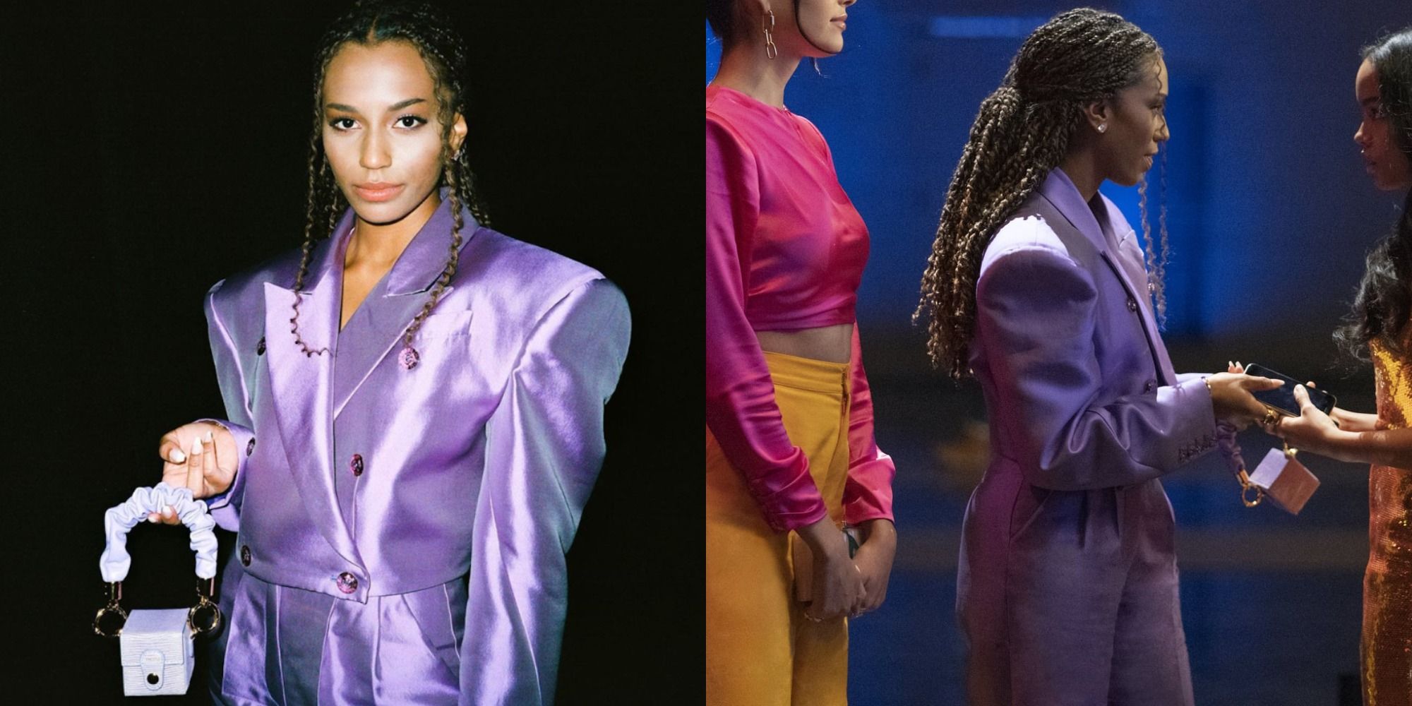 Split image of Monet posing in a purple suit, and Monet and Luna speaking to Zoya.