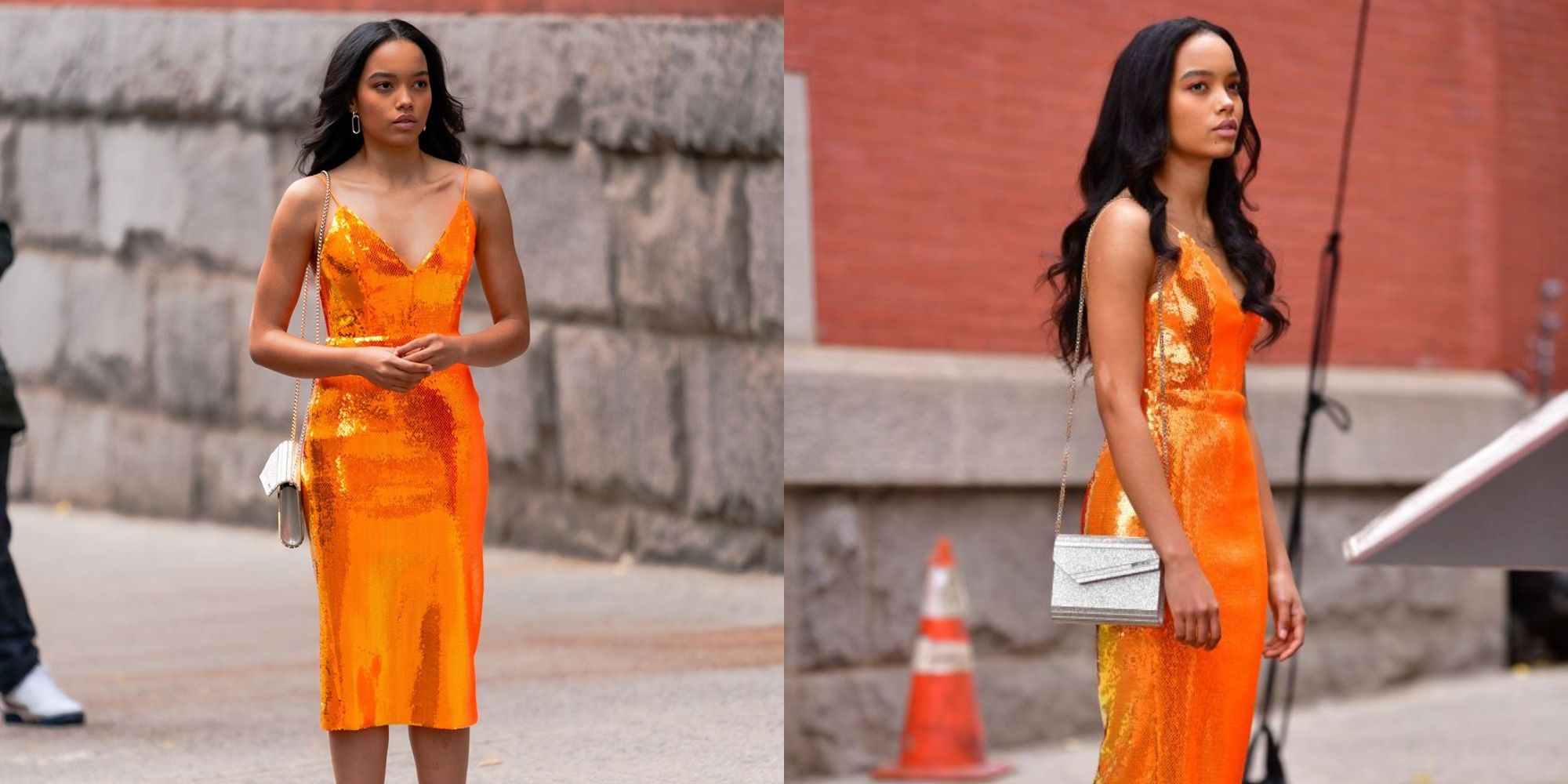 Split image of Zoya in an orange dress on a sidewalk.