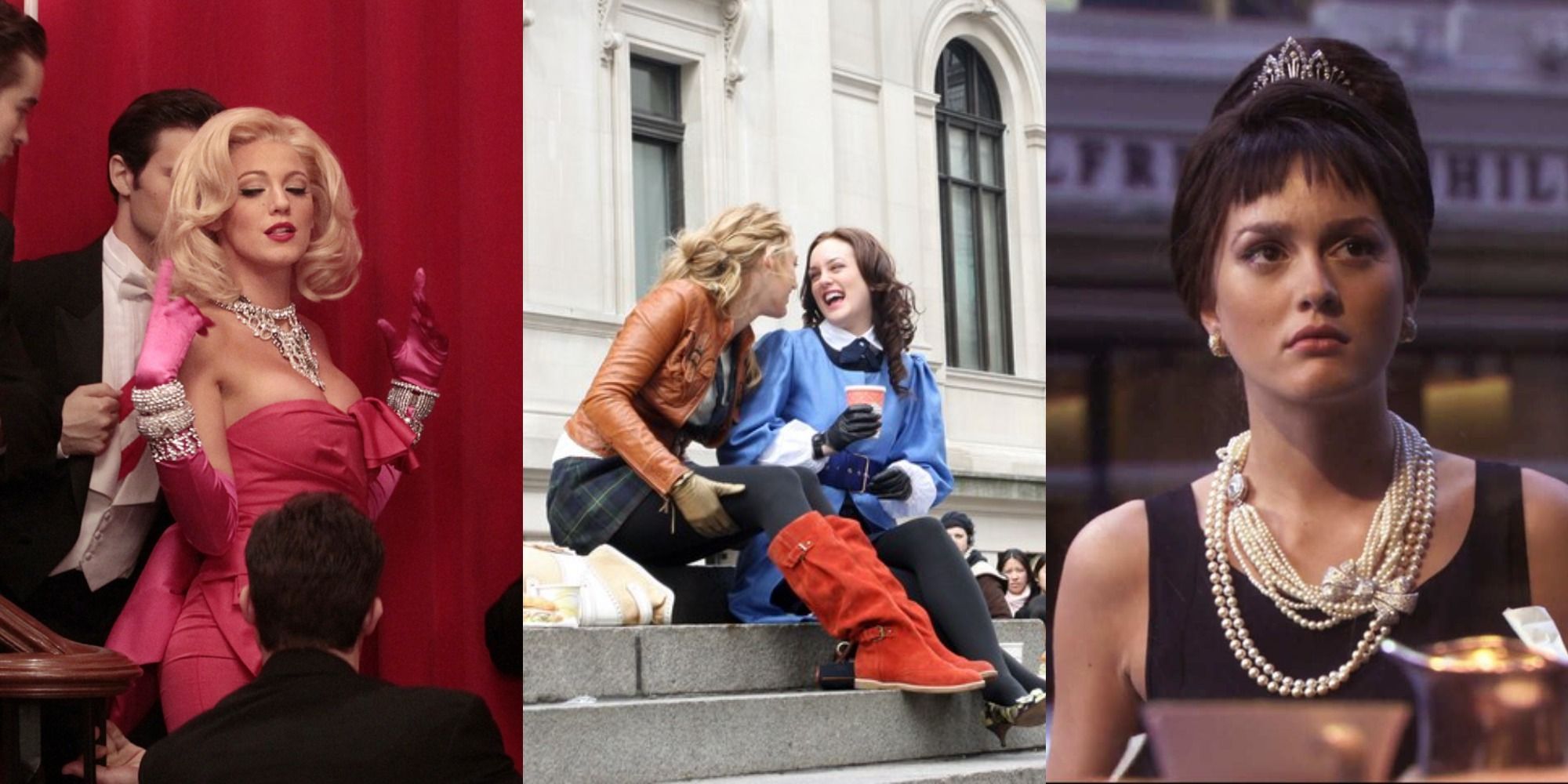 Split image of Serena dressed liek Marilyn, with Serena and Blair on the Met steps, With Blair dressed as Audrey