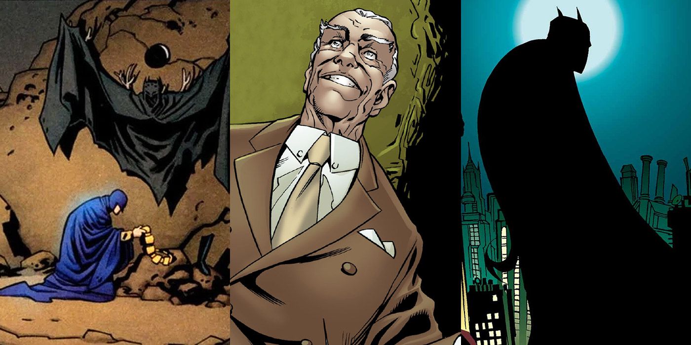 Split image of the Miagani People, Doctor Gotham and Batman from the comics
