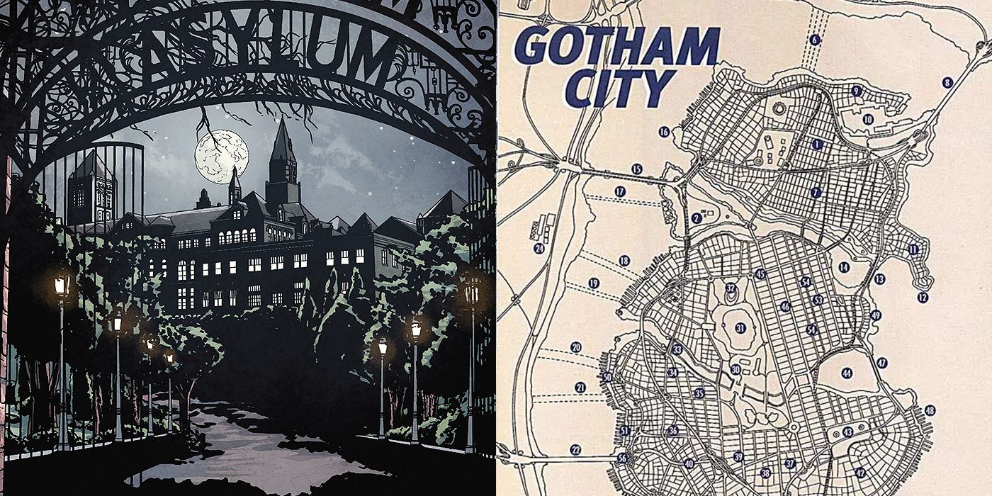 Split image of Arkham Asylum and a map of Gotham City