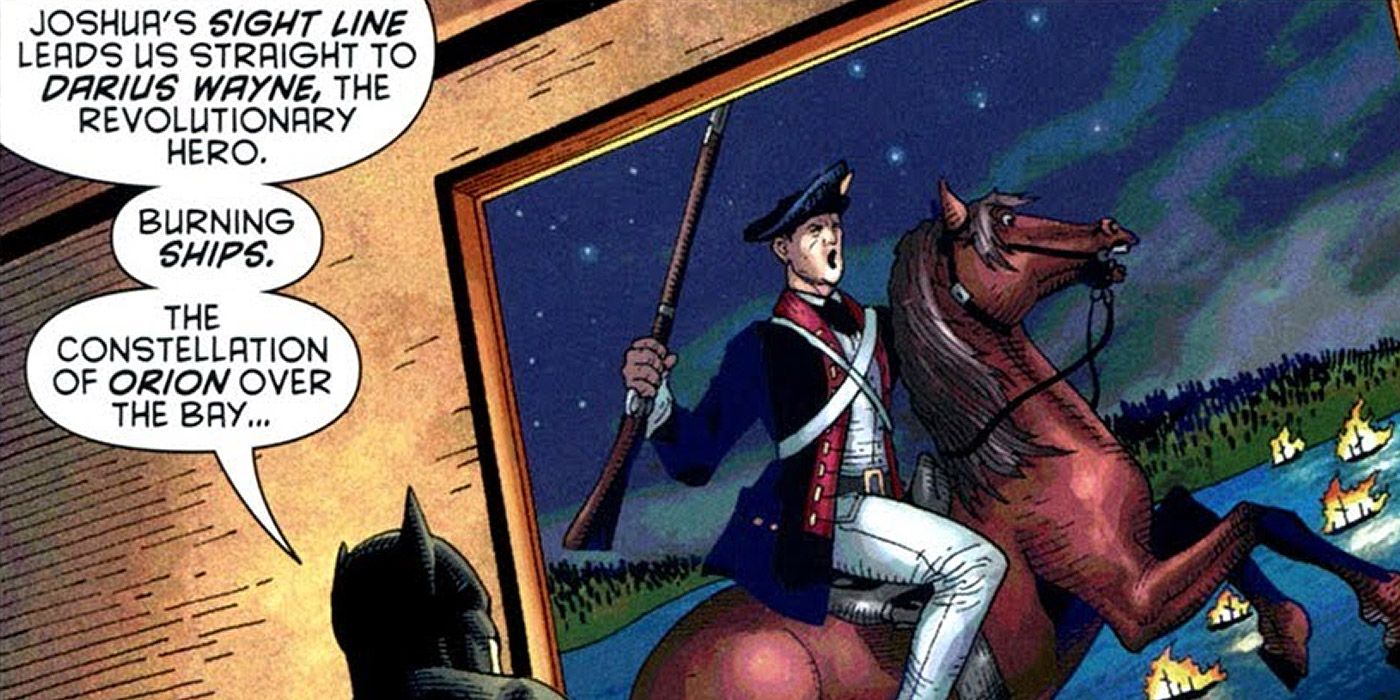 Batman looks at a painting of his ancestor Darius Wayne