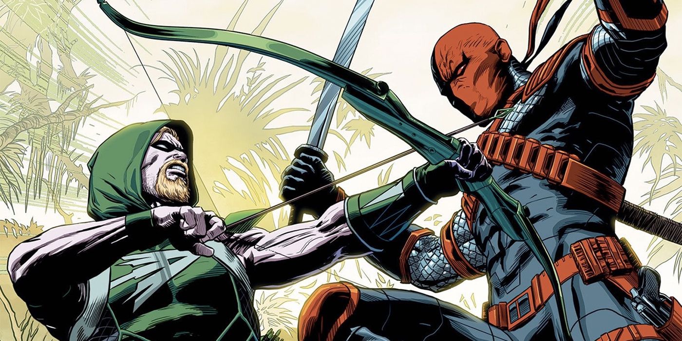 Bande dessinée : Green Arrow et DeathStroke se battent à l'aide d'un arc et d'une épée.