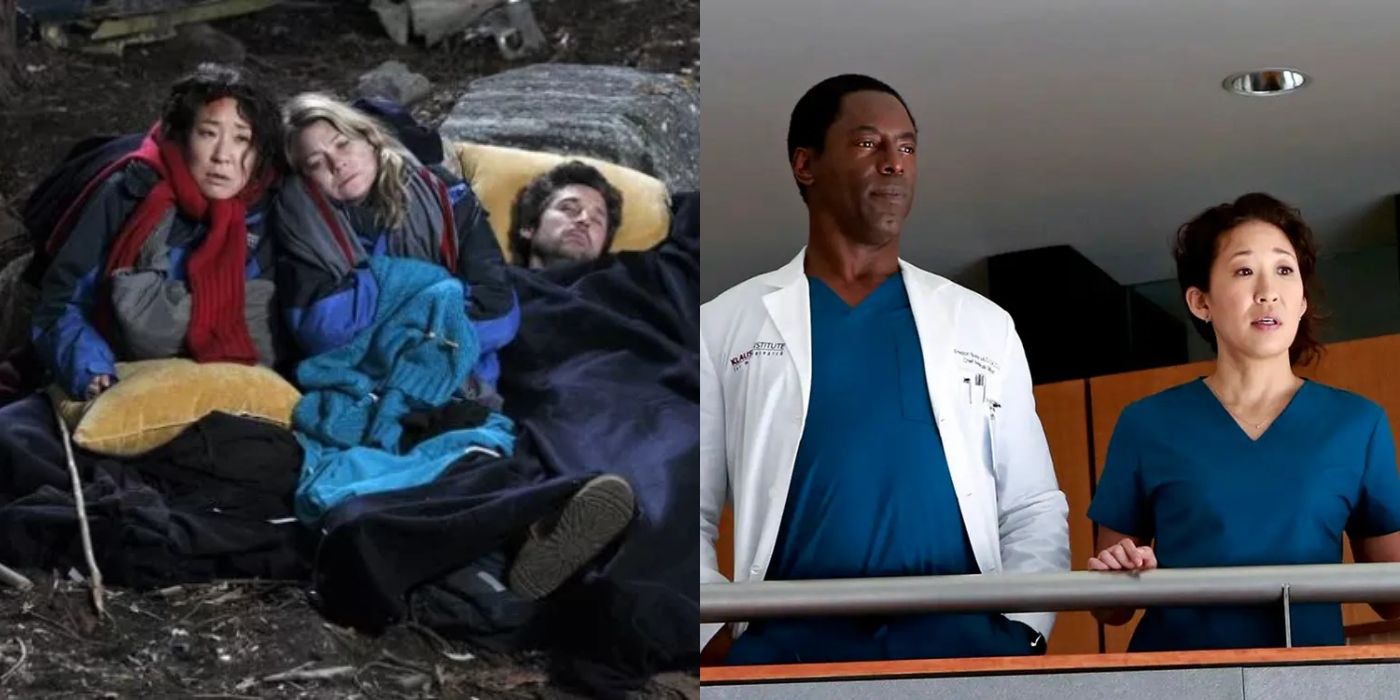 Split featured image of Cristina, Meredith, and Derek lying together after the plane crash and Burke and Cristina standing in the gallery on Grey's Anatomy