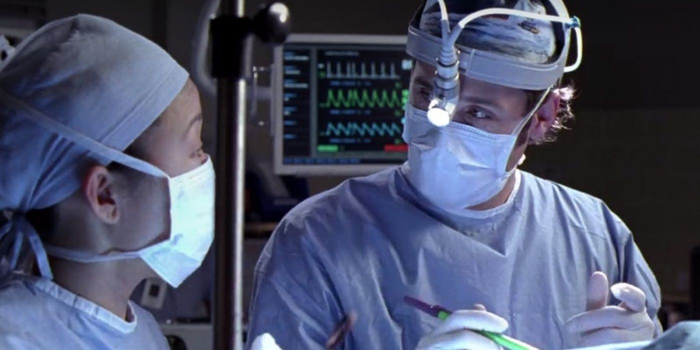 Derek looks at Christina while in surgery in Grey's Anatomy