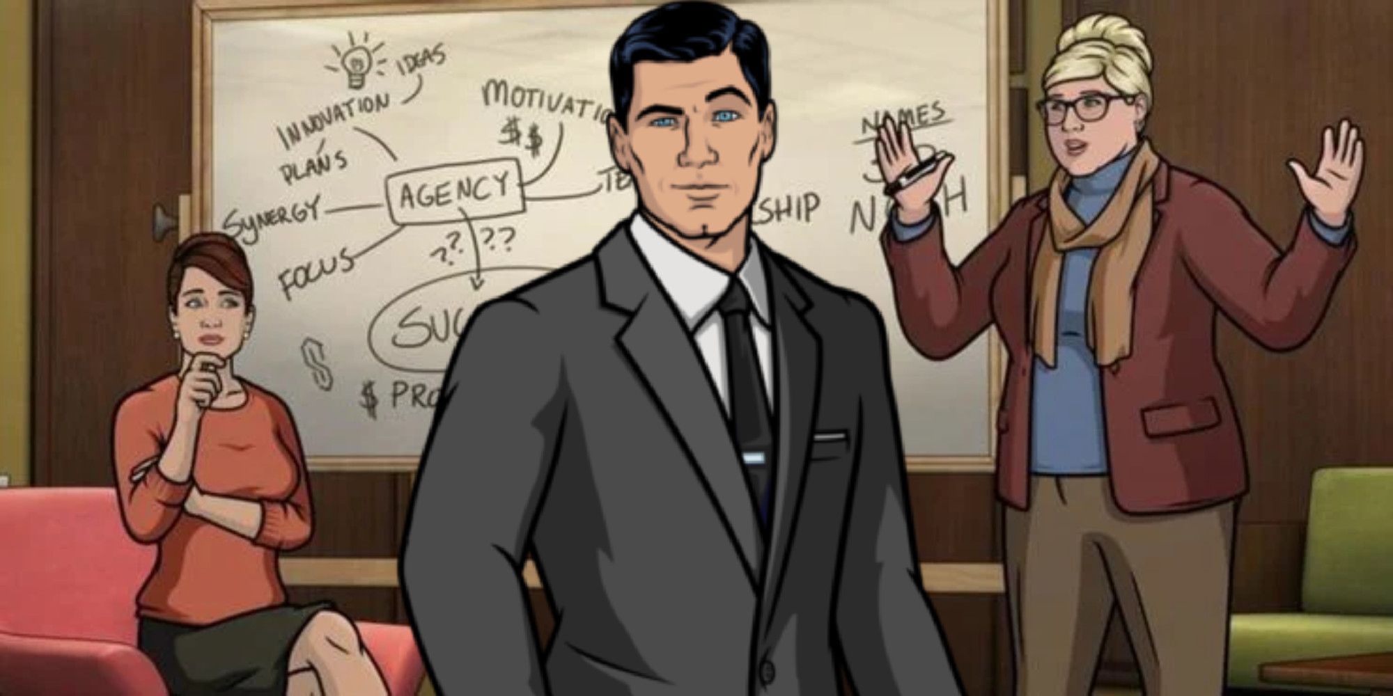 H Jon Benjamin as Sterling Archer, Amber Nash as Pam, and Judy Greer as Cheryl in Archer Season 12