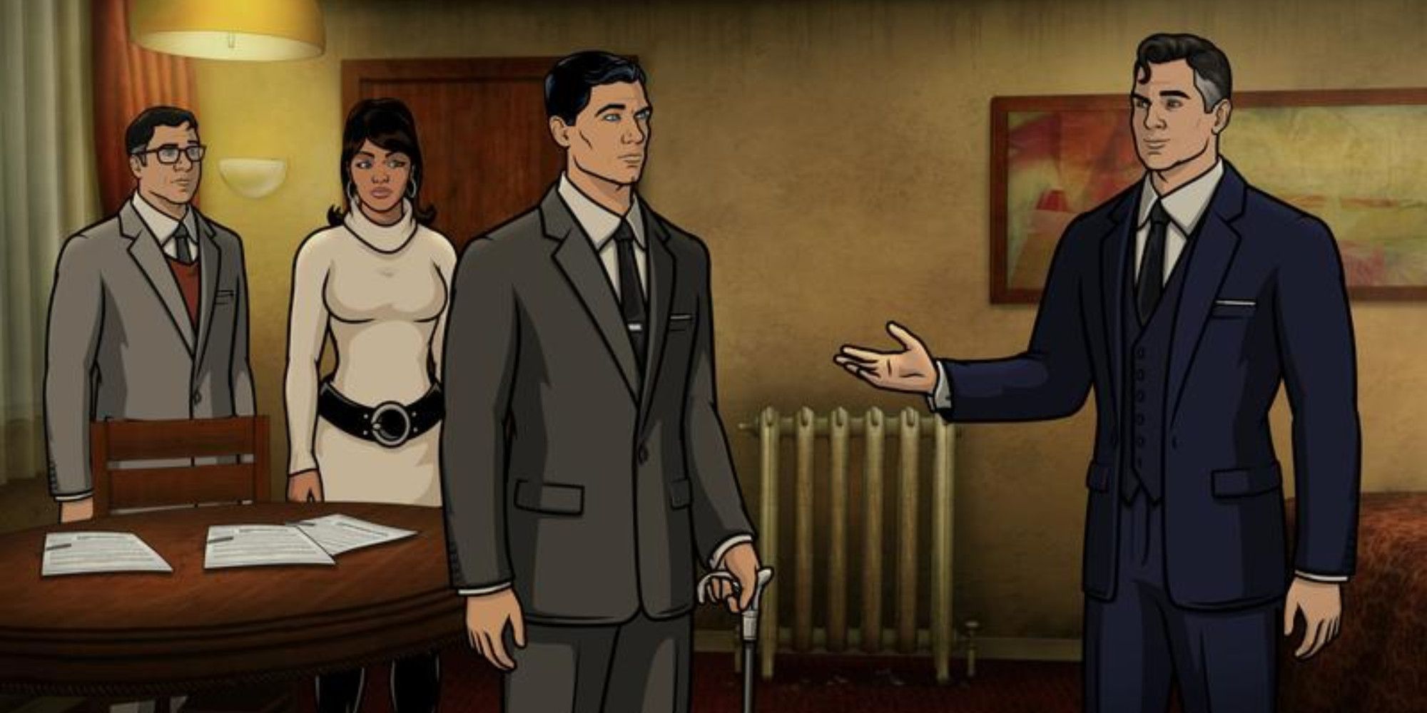 H Jon Benjamin as Sterling Archer, Chris Parnell as Cyril Figgis, Aisha Tyler as Lana Kane, and Kayvan Novak as Fabian Kingsworth in Archer Season 12