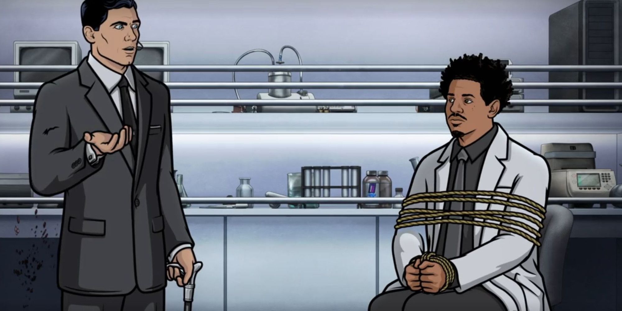 H Jon Benjamin as Sterling Archer and Eric Andre as The Professor in Archer Season 12 Episode 1
