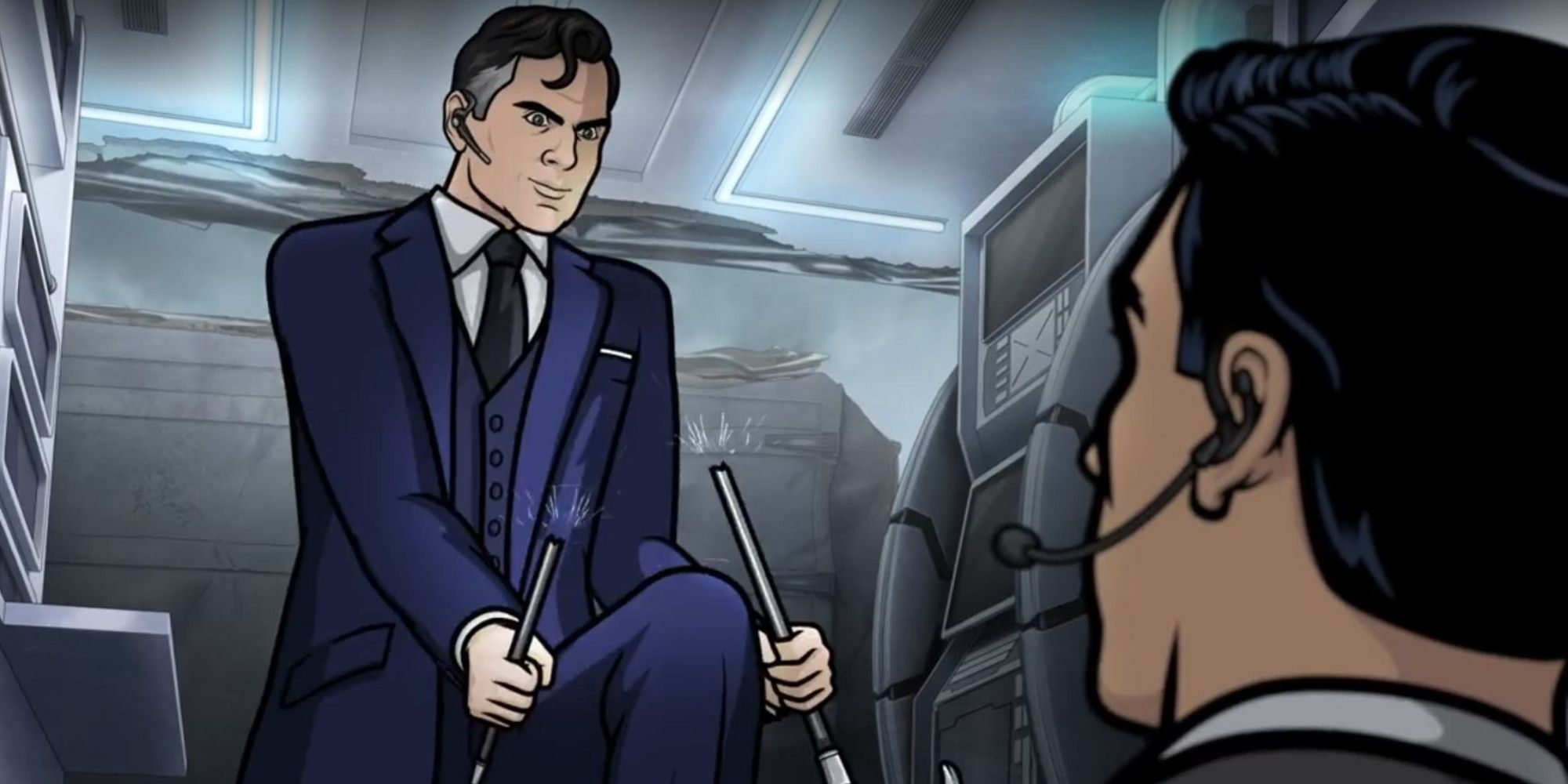 H Jon Benjamin as Sterling Archer and Kayvan Novak as Fabian Kingsworth in Archer Season 12 Episode 1