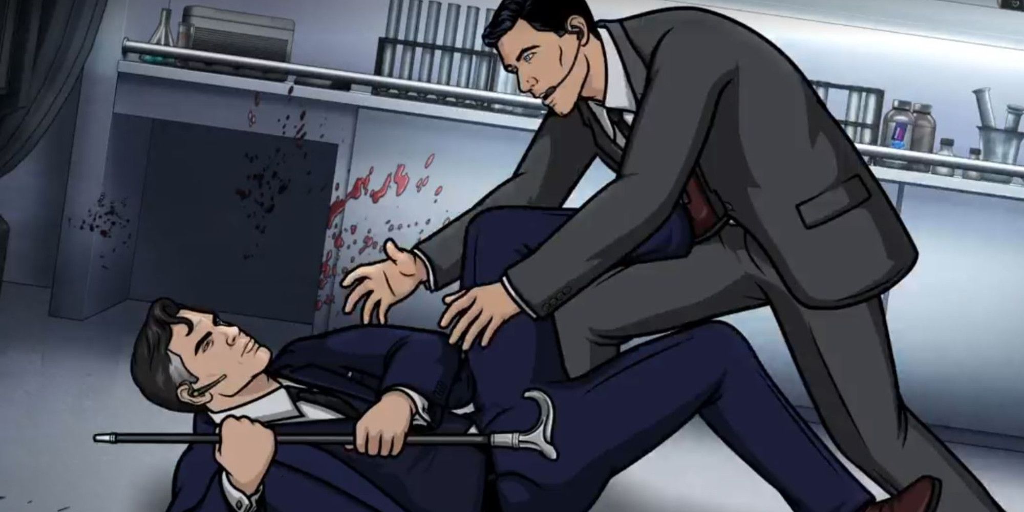 H Jon Benjamin as Sterling Archer fighting Kayvan Novak as Fabian Kingsworth in Archer Season 12 Episode 1