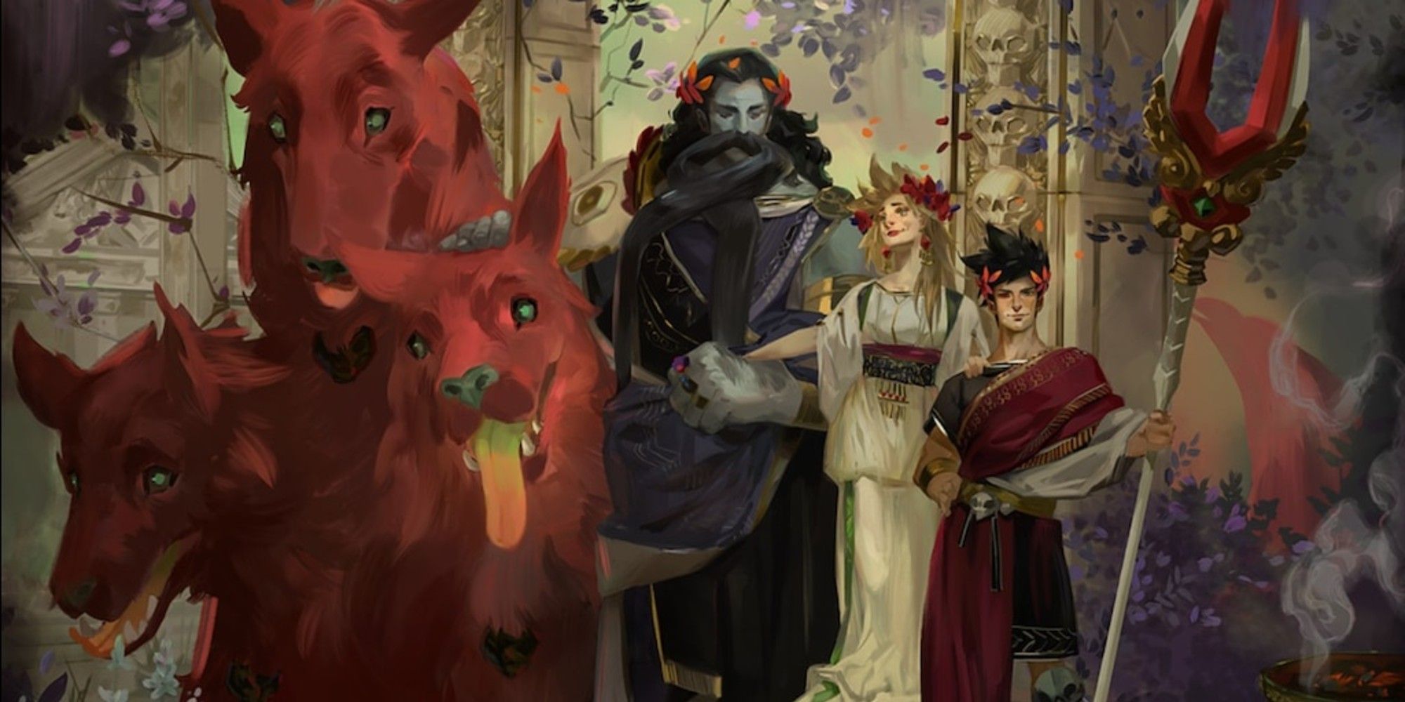 A portrait of Cerberus, Hades, Persephone, and Zagreus in the video game, Hades