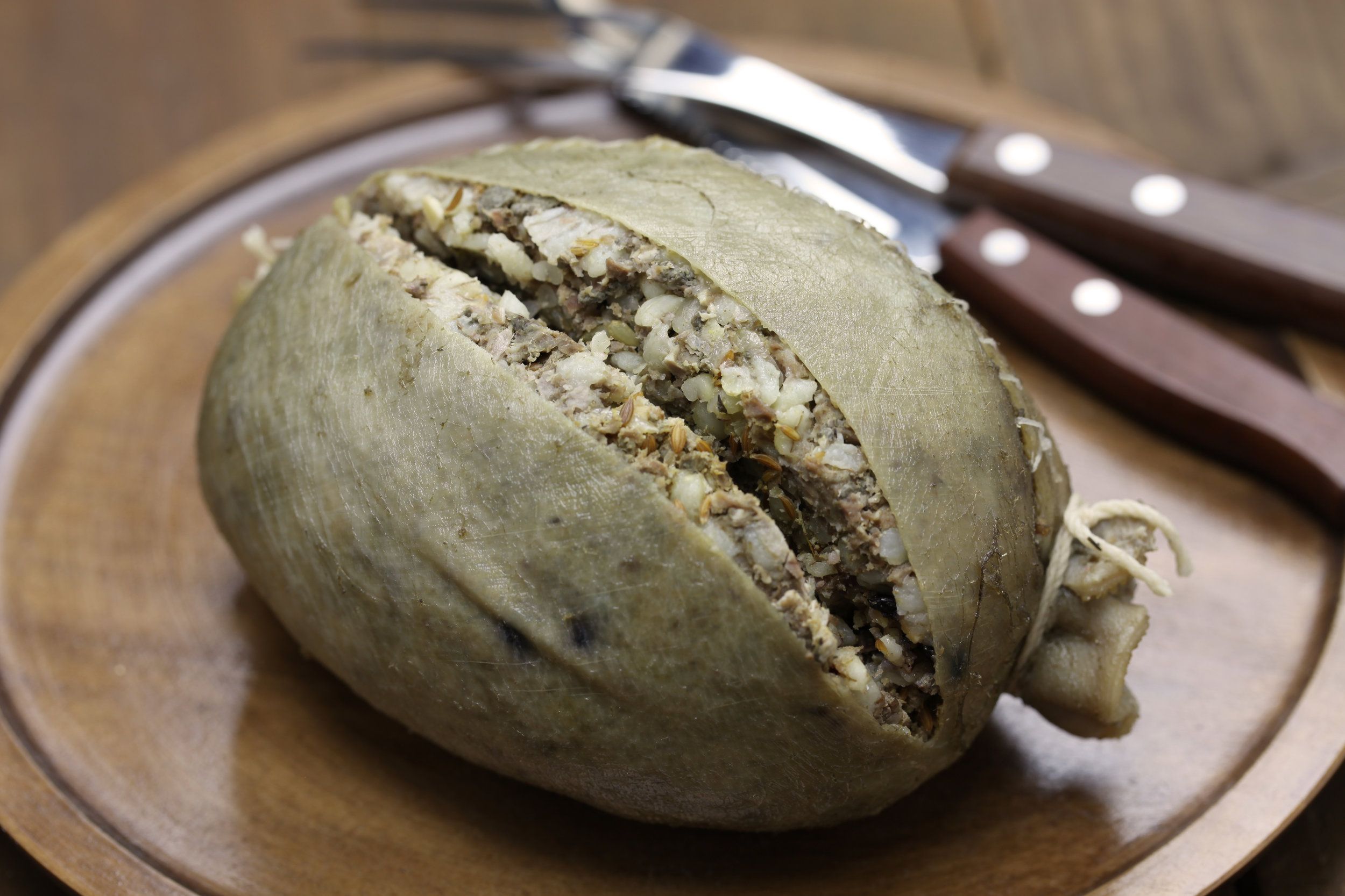 Homemade boiled haggis traditionally served in a sheep bladder